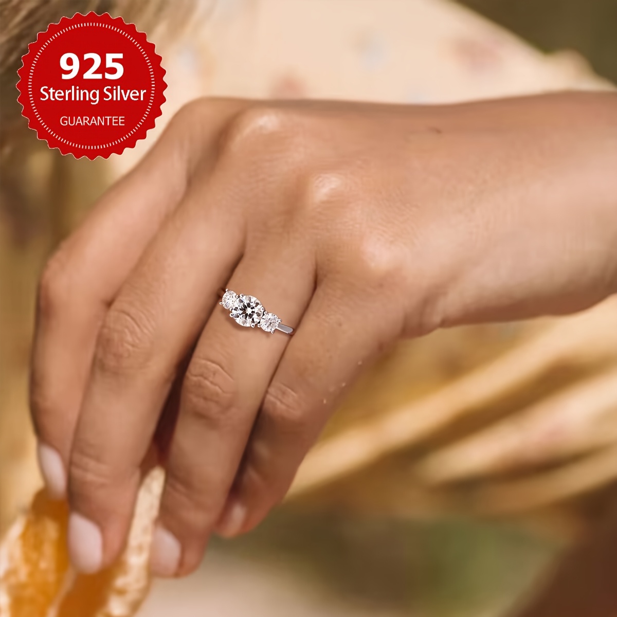 925 Silver Moissanite Engagement Ring Platinum Plated Gift Idea
